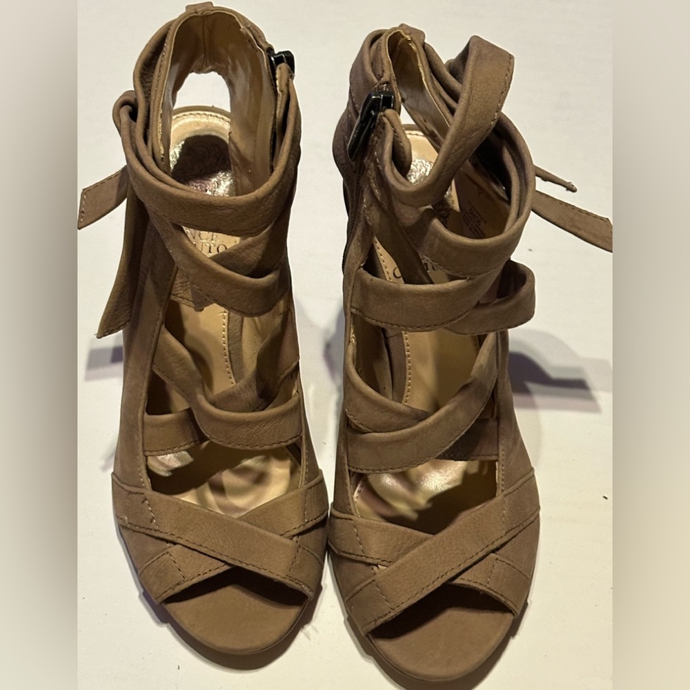 Vince Camuto Taupe Strappy Wrap Heels, size 6M
